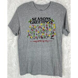 Stranger Things Mens Medium SS Gray T-Shirt Seasons Greetings Christmas Lights